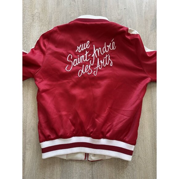 Maje Red Satin Floral Applique Bomber Jacket Size 38 - Picture 10 of 14